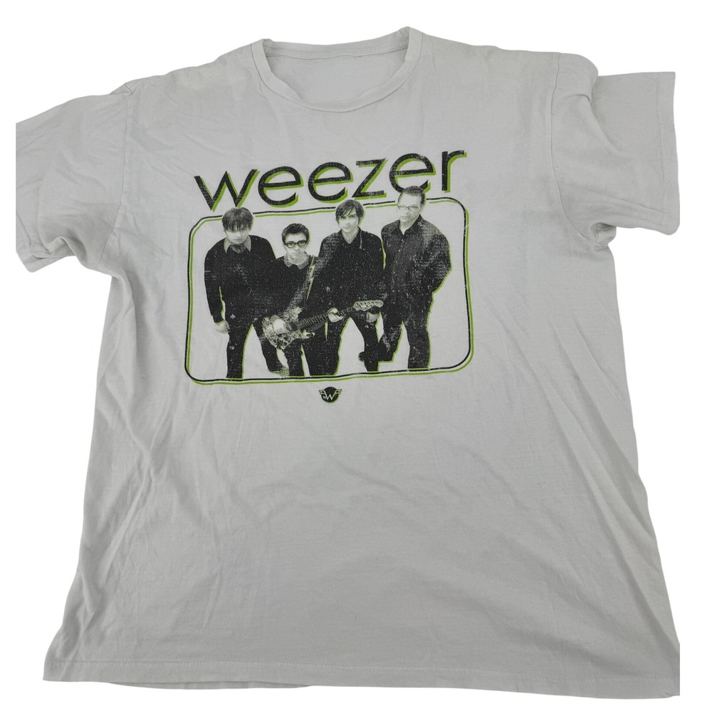 Weezer Graphic T-Shirt Mens Large White Green Band Photo‎ Alt Rock Tee